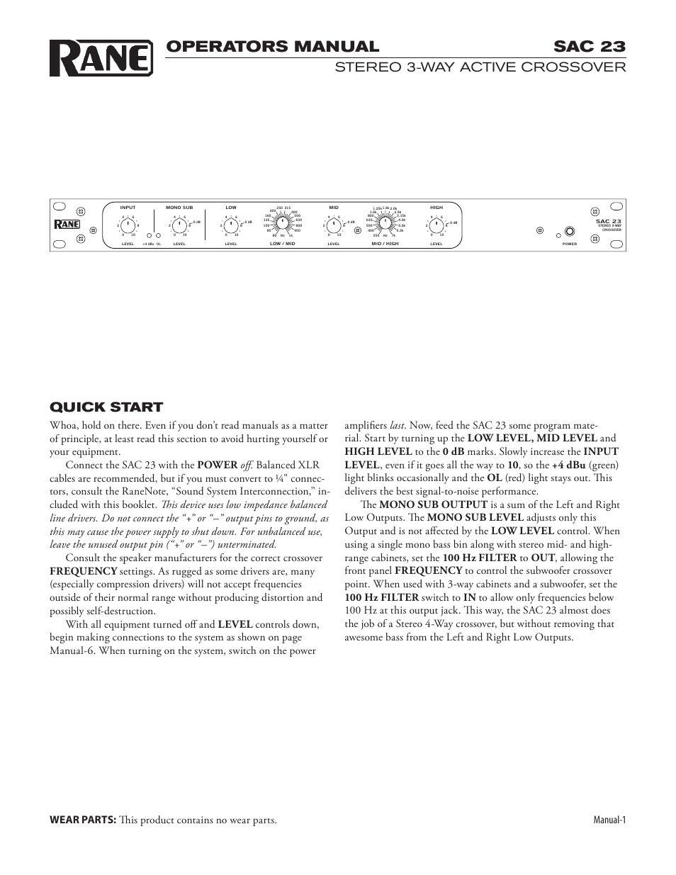 Sac23man.pdf, Operators manual sac 23, Quick start | Stereo 3-way active crossover, Manual-1 | Rane SAC 23 User Manual | Page 3 / 8