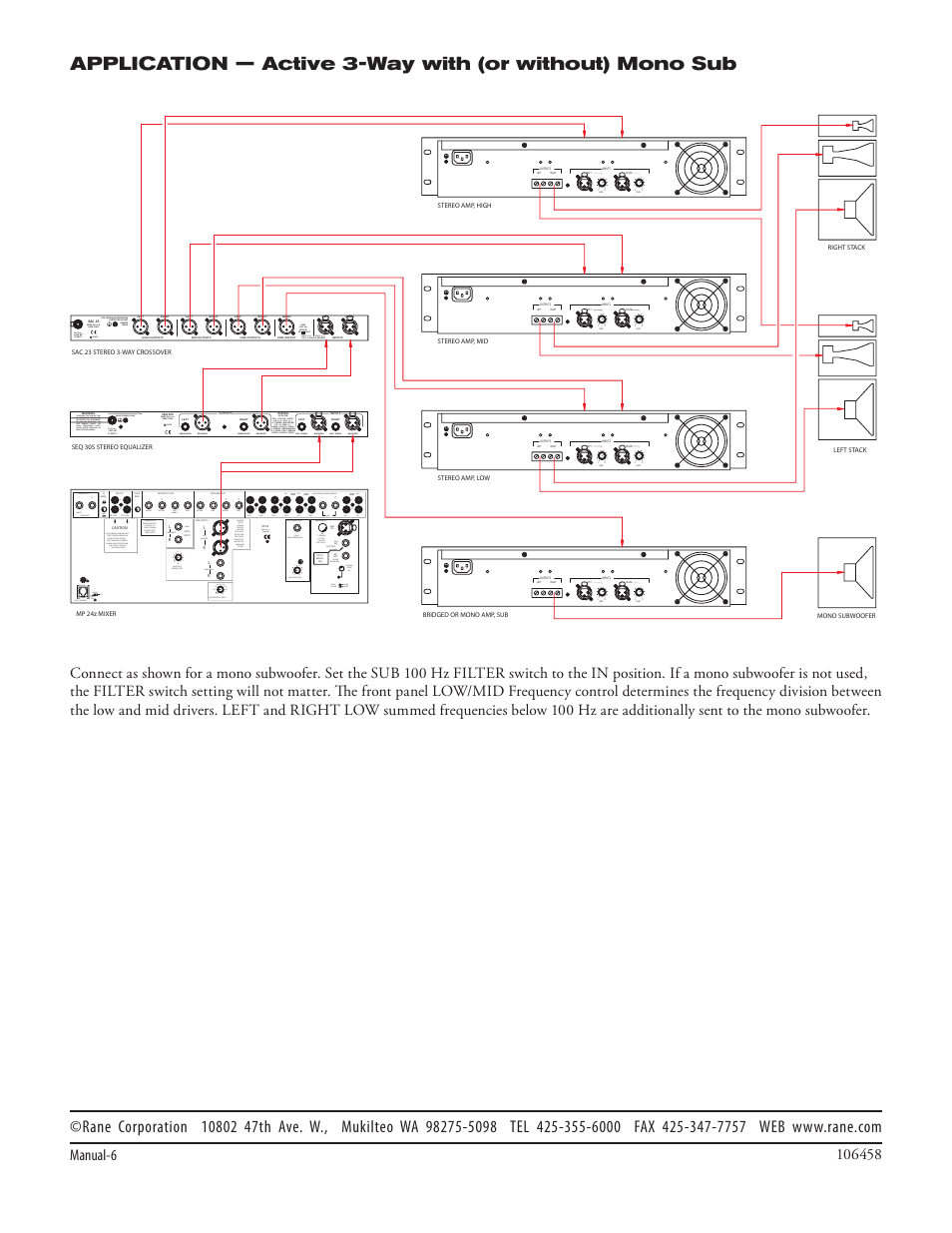 Manual-6, Sub filter out in, Made in u.s.a. rane corp | Power, Bal/unbal, Aux 1, Ph 1, Line 1, Line 2 mic aux 2 ph 3, Line 3 | Rane SAC 23 User Manual | Page 8 / 8