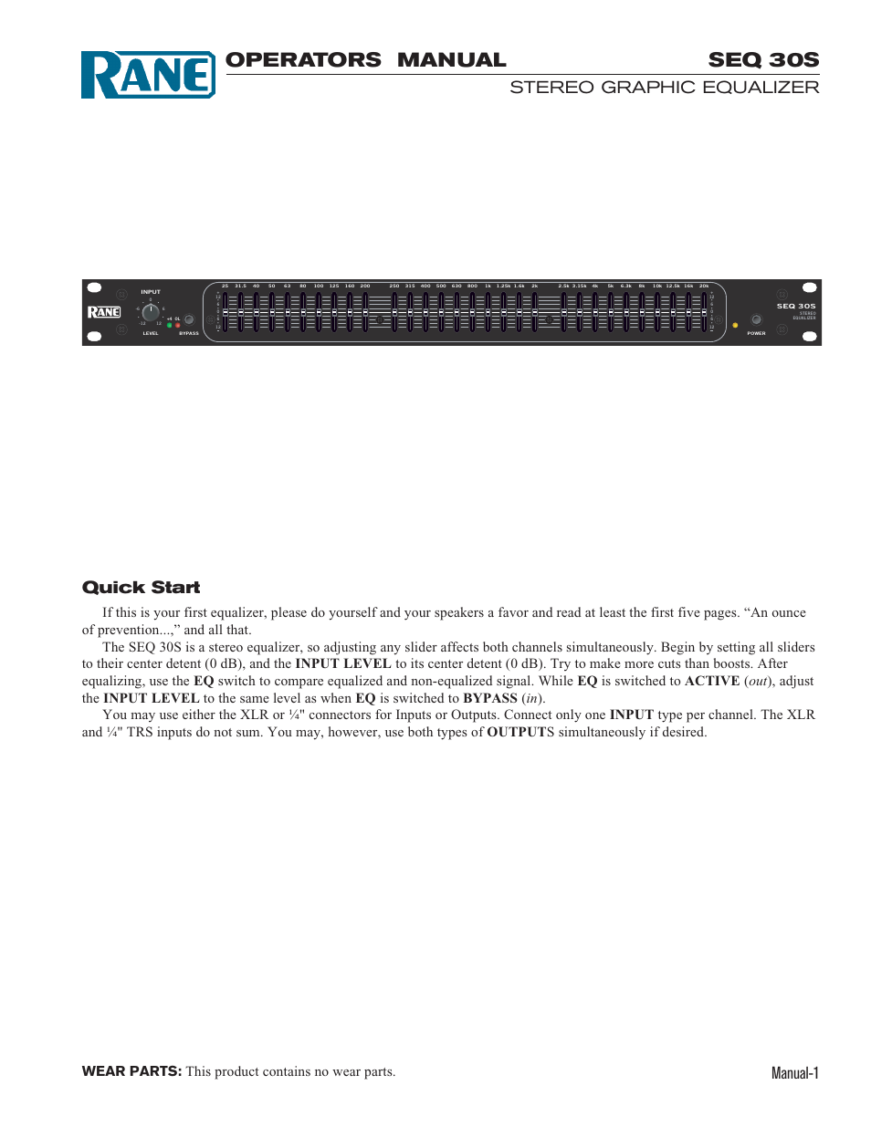 Seq30smn.pdf, Operators manual, Seq 30s | Manual-1, Quick start, Stereo graphic equalizer | Rane SEQ 30S (2003 version) User Manual | Page 3 / 6