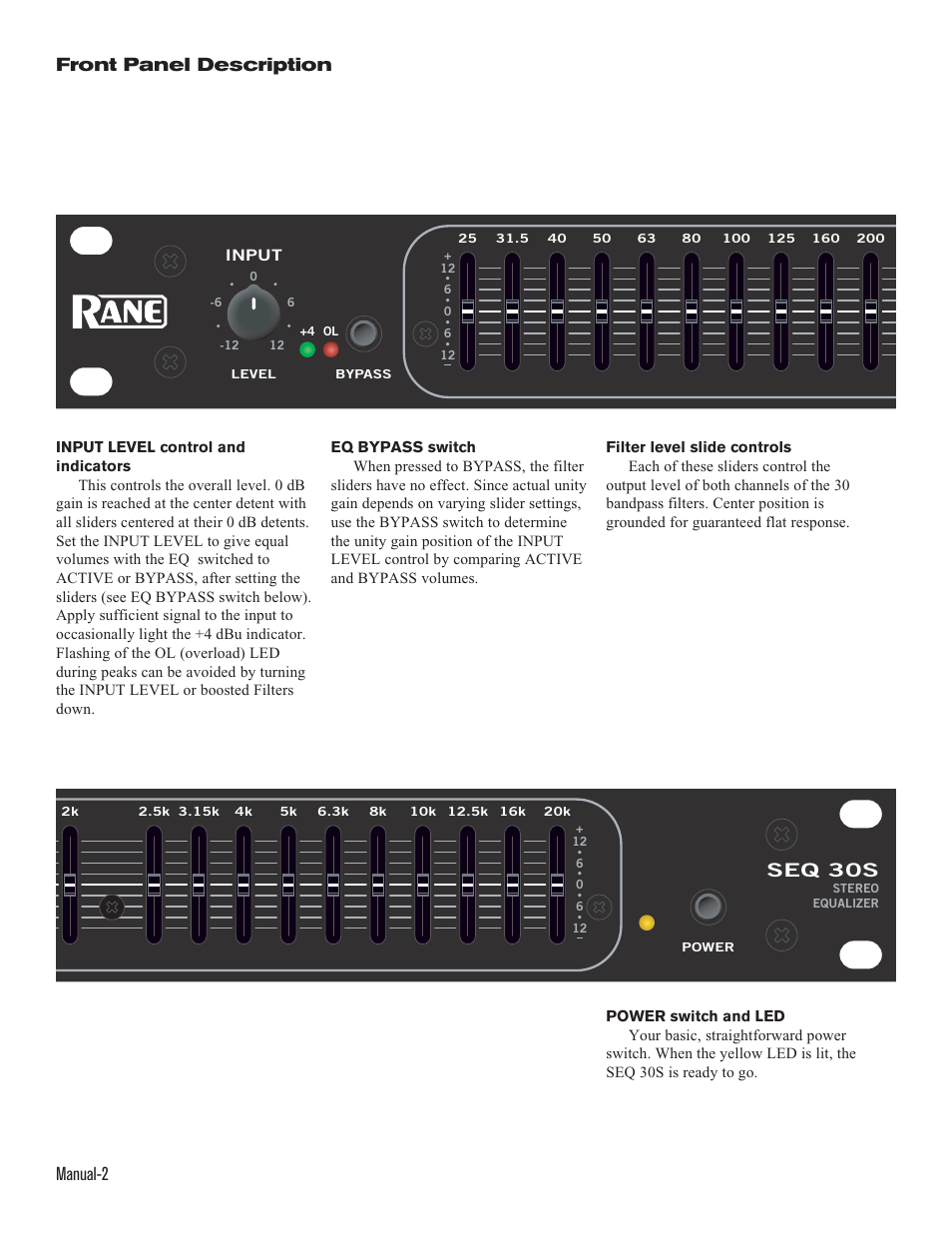 Manual-2, Front panel description, Seq 30s | Rane SEQ 30S (2003 version) User Manual | Page 4 / 6