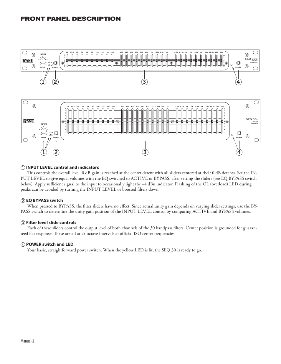 Front panel description | Rane SEQ 30S and 30L (2003 versions) User Manual | Page 2 / 5