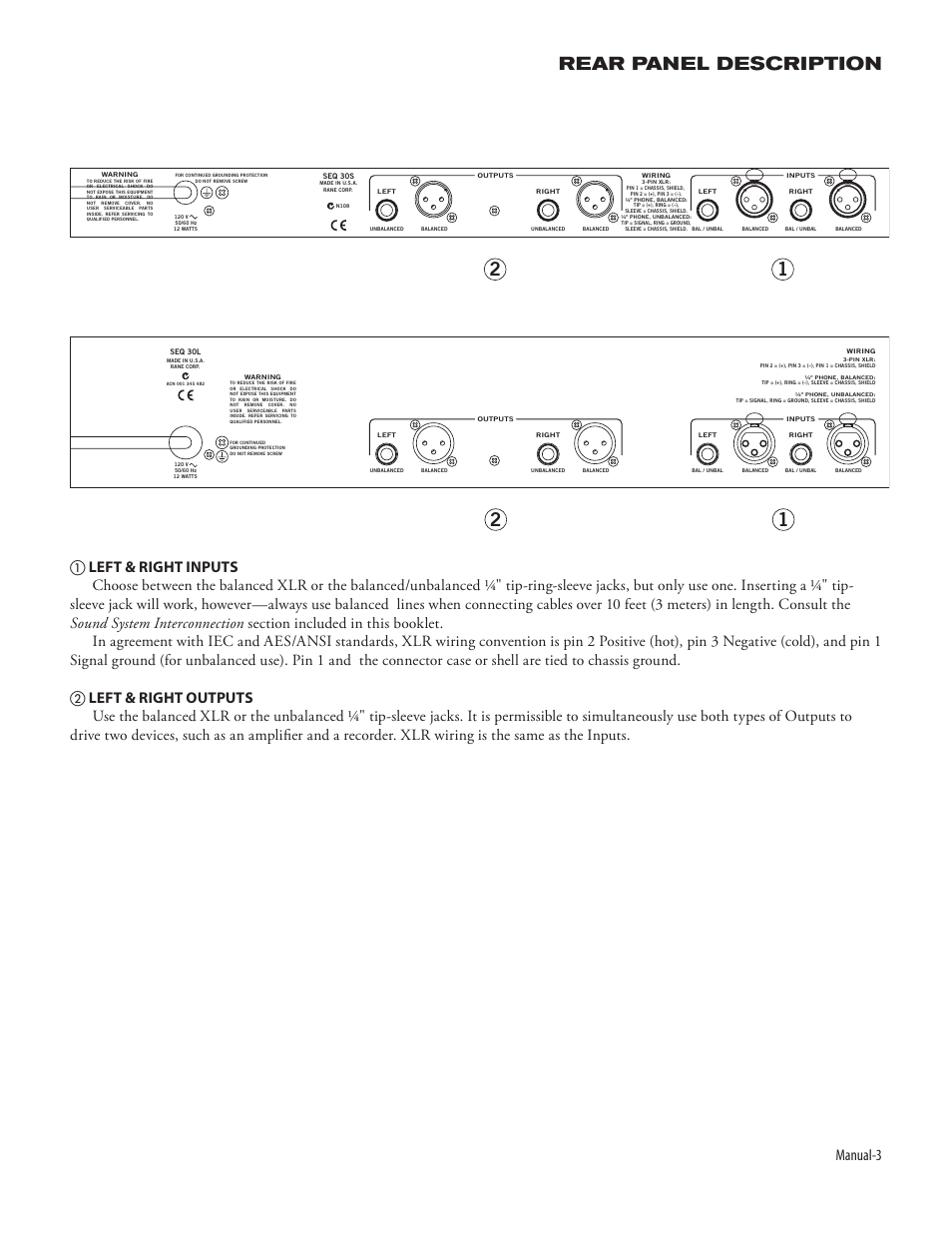 Rear panel description | Rane SEQ 30S and 30L (2003 versions) User Manual | Page 3 / 5