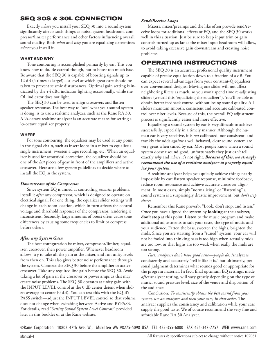 Rane SEQ 30S and 30L (2003 versions) User Manual | Page 4 / 5