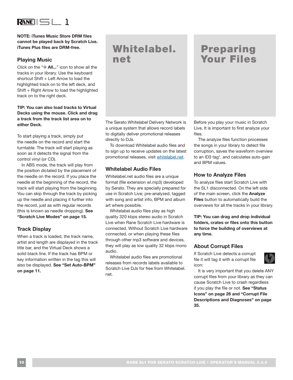 Whitelabel.net, Preparing your files, How to analyze files | About corrupt files, Playing music, Track display, Whitelabel.net 10, Whitelabel. net | Rane SL 1 Manual 2.44 (3M) User Manual | Page 10 / 40
