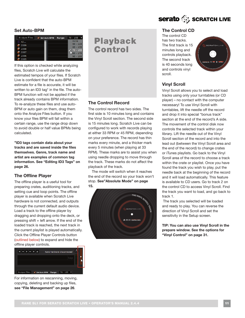 Set auto-bpm, The offline player, Playback control | The control record, Vinyl scroll, See “set auto-bpm | Rane SL 1 Manual 2.44 (3M) User Manual | Page 11 / 40