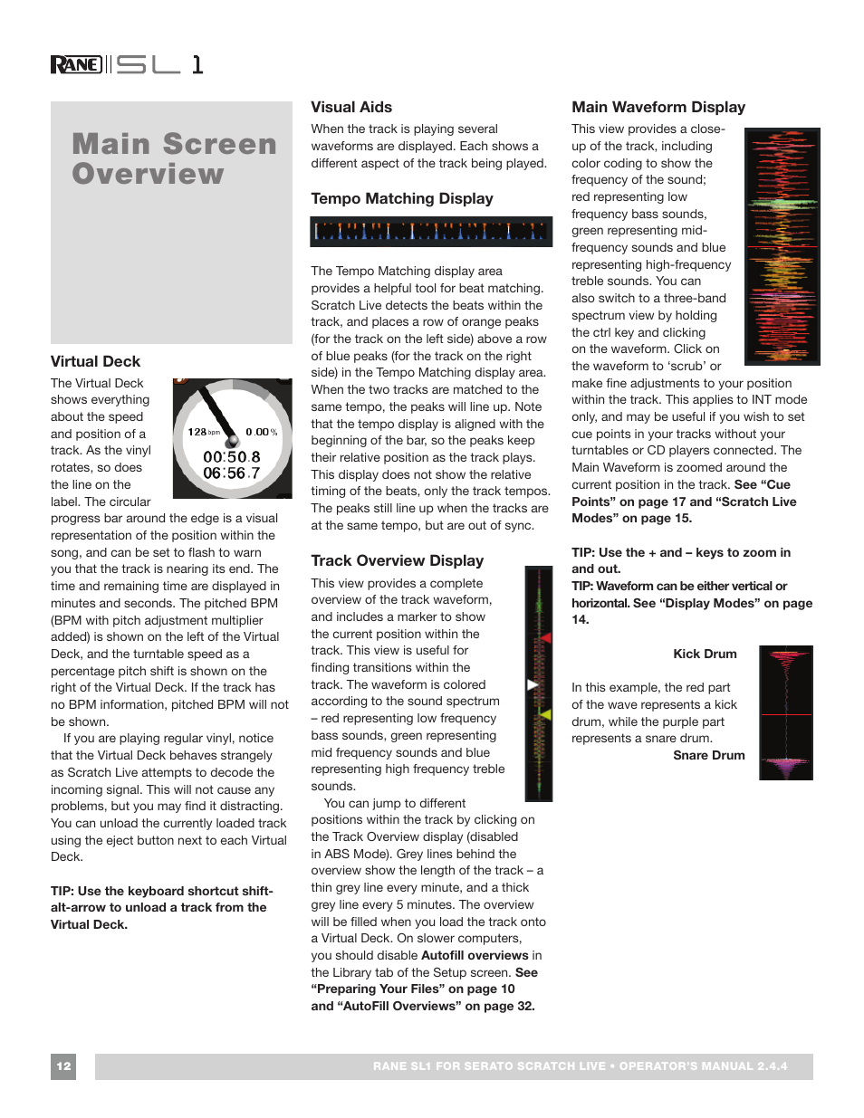 Main screen overview, Virtual deck, Visual aids | Tempo matching display, Track overview display, Main waveform display | Rane SL 1 Manual 2.44 (3M) User Manual | Page 12 / 40