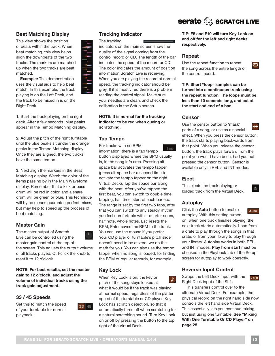 Beat matching display, Master gain, 33 / 45 speeds | Tracking indicator, Tap tempo, Key lock, Repeat, Eject, Censor, Autoplay | Rane SL 1 Manual 2.44 (3M) User Manual | Page 13 / 40