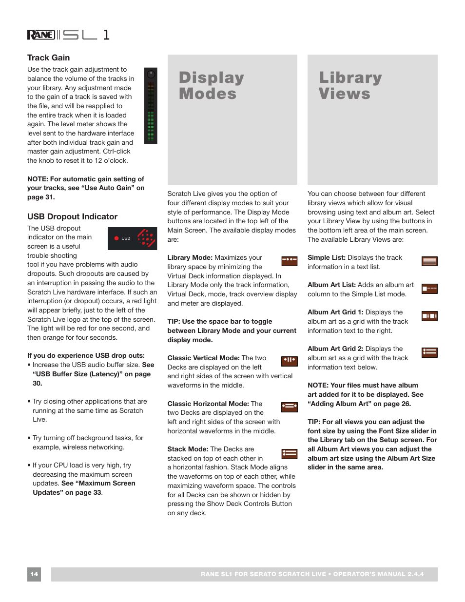 Track gain, Usb dropout indicator, Display modes | Library views, Display modes library views | Rane SL 1 Manual 2.44 (3M) User Manual | Page 14 / 40