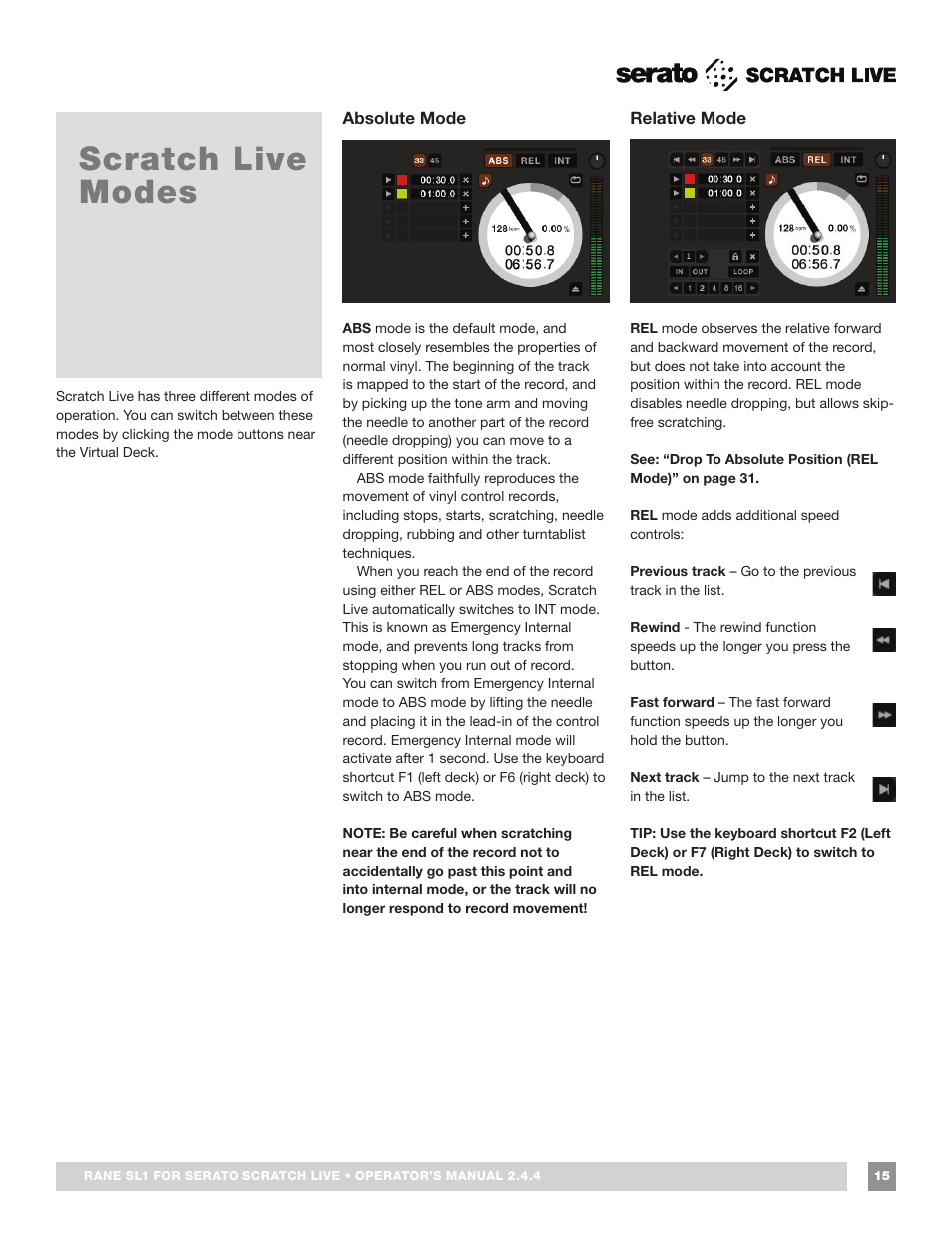 Scratch live modes, Absolute mode, Relative mode | Rane SL 1 Manual 2.44 (3M) User Manual | Page 15 / 40