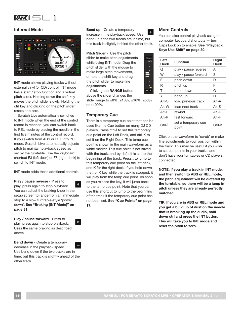 Internal mode, Temporary cue, More controls | Rane SL 1 Manual 2.44 (3M) User Manual | Page 16 / 40