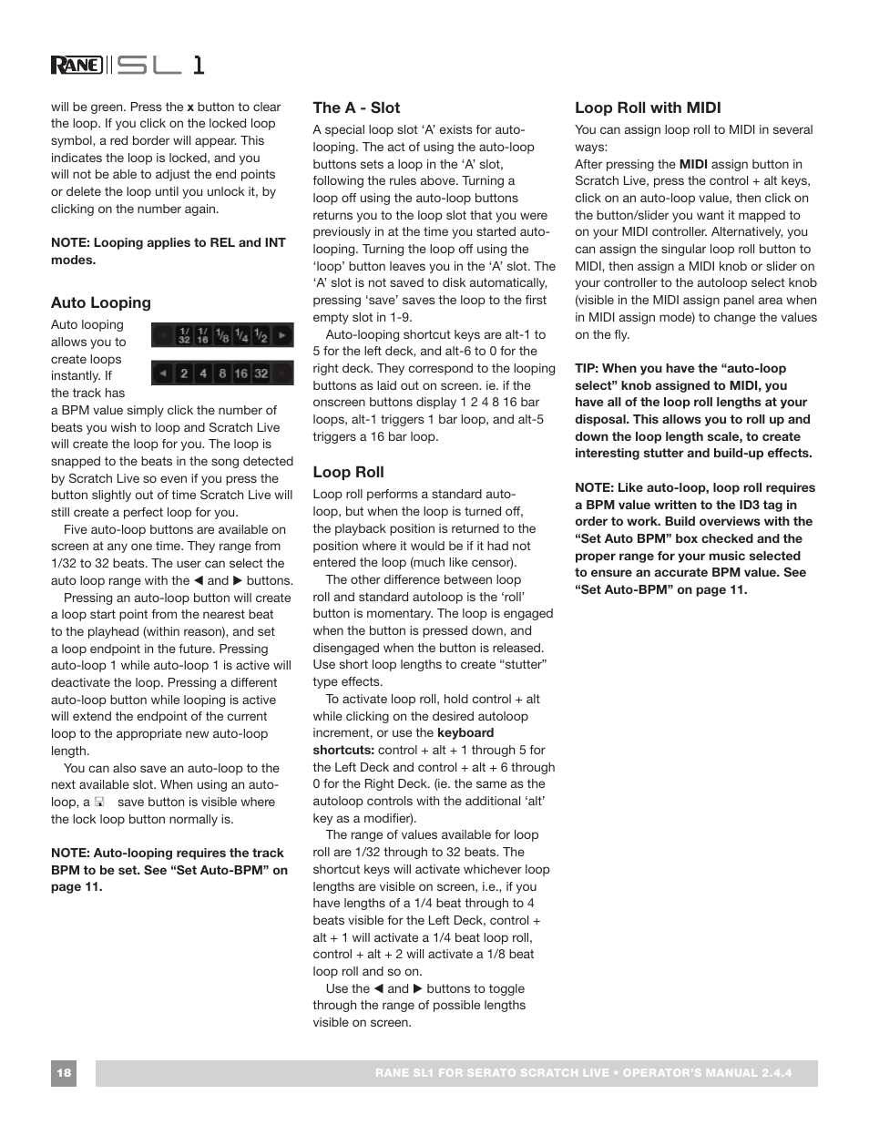 Auto looping, The a - slot, Loop roll | Loop roll with midi | Rane SL 1 Manual 2.44 (3M) User Manual | Page 18 / 40