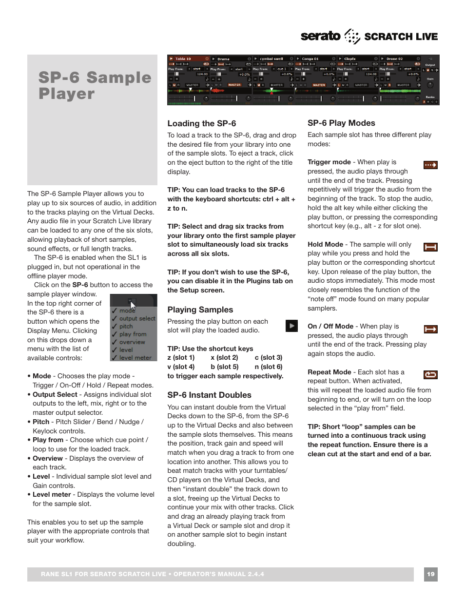 Sp-6 sample player, Loading the sp-6, Playing samples | Sp-6 instant doubles, Sp-6 play modes | Rane SL 1 Manual 2.44 (3M) User Manual | Page 19 / 40
