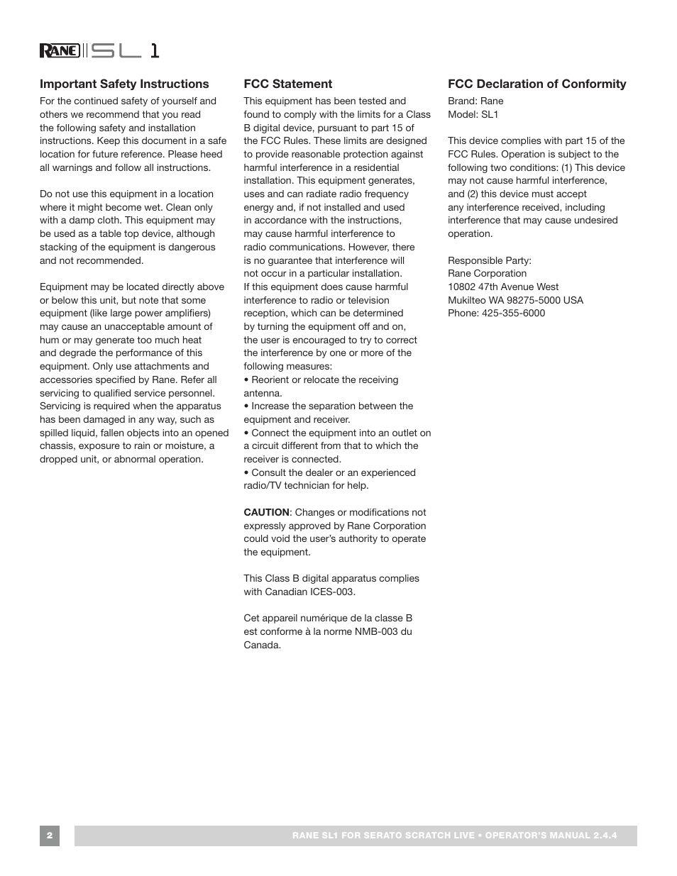 Important safety instructions, Fcc statement, Fcc declaration of conformity | Rane SL 1 Manual 2.44 (3M) User Manual | Page 2 / 40