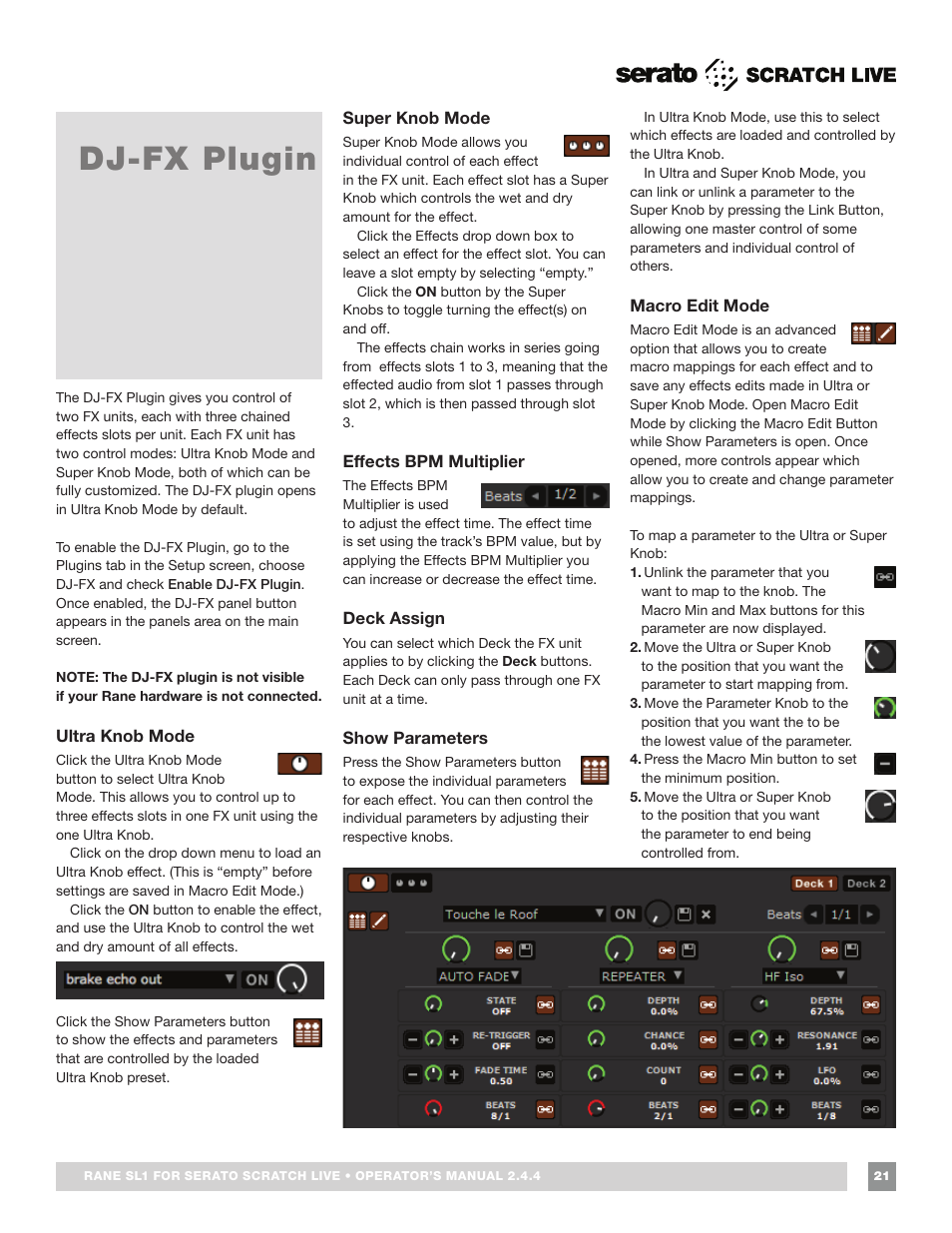 Dj-fx plugin, Ultra knob mode, Super knob mode | Effects bpm multiplier, Deck assign, Show parameters, Macro edit mode | Rane SL 1 Manual 2.44 (3M) User Manual | Page 21 / 40