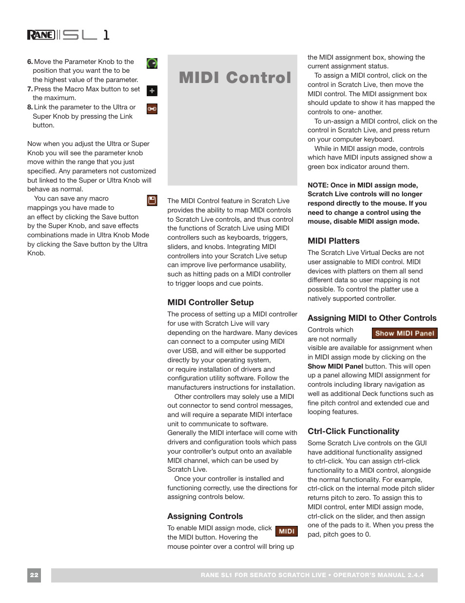 Midi control, Midi controller setup, Assigning controls | Midi platters, Assigning midi to other controls, Ctrl-click functionality | Rane SL 1 Manual 2.44 (3M) User Manual | Page 22 / 40