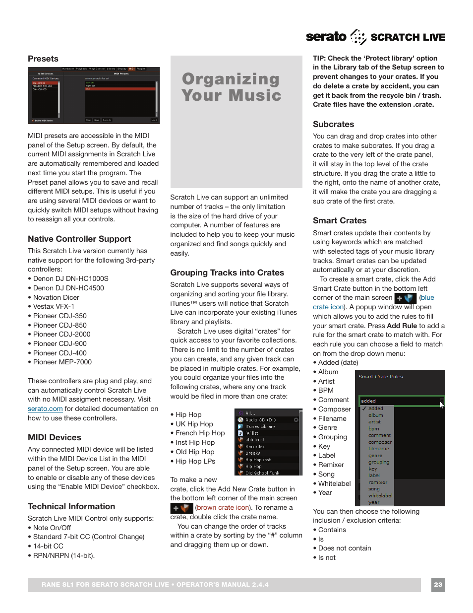 Presets, Native controller support, Midi devices | Technical information, Organizing your music, Grouping tracks into crates, Subcrates, Smart crates, Presets 23 native controller support, Subcrates 23 smart crates | Rane SL 1 Manual 2.44 (3M) User Manual | Page 23 / 40