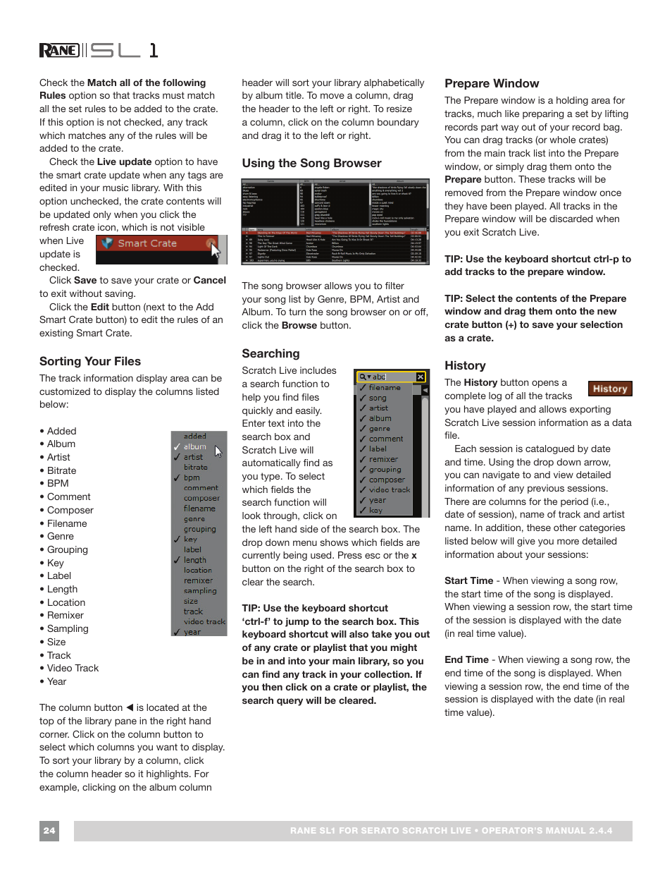 Sorting your files, Using the song browser, Searching | Prepare window, History, Searching 24 prepare window, History 24 | Rane SL 1 Manual 2.44 (3M) User Manual | Page 24 / 40
