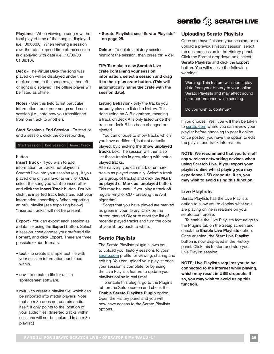 Serato playlists, Uploading serato playlists, Live playlists | Rane SL 1 Manual 2.44 (3M) User Manual | Page 25 / 40