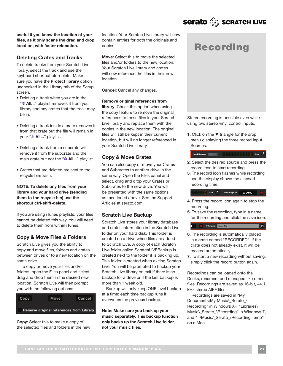 Deleting crates and tracks, Copy & move files & folders, Copy & move crates | Scratch live backup, Recording, Recording 27 | Rane SL 1 Manual 2.44 (3M) User Manual | Page 27 / 40