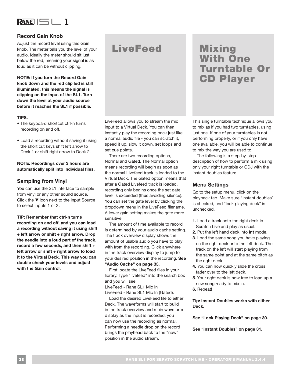 Record gain knob, Sampling from vinyl, Livefeed | Mixing with one turntable or cd player, Livefeed 28, Mixing with one turntable or cd player 28, Menu settings | Rane SL 1 Manual 2.44 (3M) User Manual | Page 28 / 40