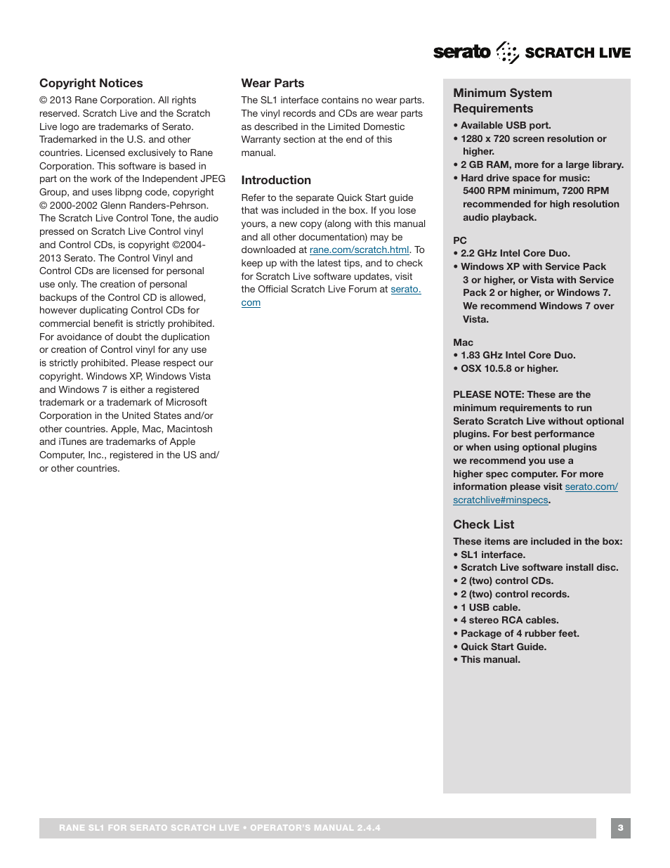 Check list, Copyright notices, Introduction | Wear parts, Minimum system requirements | Rane SL 1 Manual 2.44 (3M) User Manual | Page 3 / 40