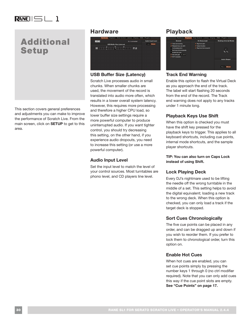 Additional setup, Hardware, Usb buffer size (latency) | Audio input level, Playback, Track end warning, Playback keys use shift, Lock playing deck, Sort cues chronologically, Enable hot cues | Rane SL 1 Manual 2.44 (3M) User Manual | Page 30 / 40