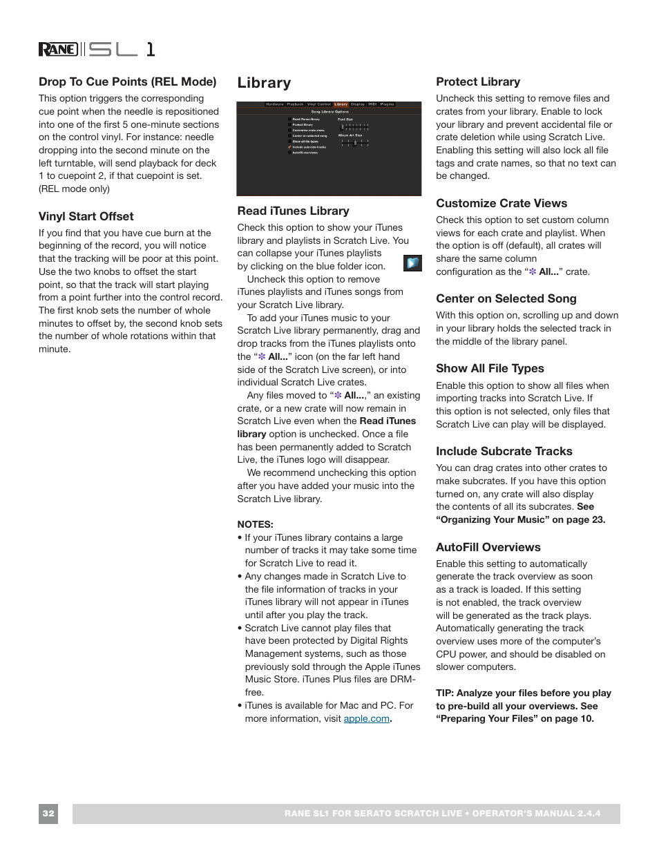 Drop to cue points (rel mode), Vinyl start offset, Library | Read itunes library, Protect library, Customize crate views, Center on selected song, Show all file types, Include subcrate tracks, Autofill overviews | Rane SL 1 Manual 2.44 (3M) User Manual | Page 32 / 40