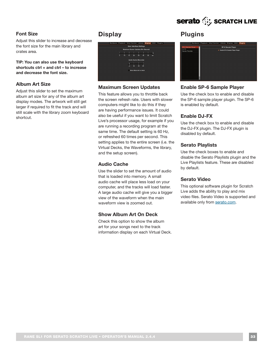 Font size, Album art size, Display | Maximum screen updates, Audio cache, Show album art on deck, Plugins, Enable sp-6 sample player, Enable dj-fx, Serato playlists | Rane SL 1 Manual 2.44 (3M) User Manual | Page 33 / 40