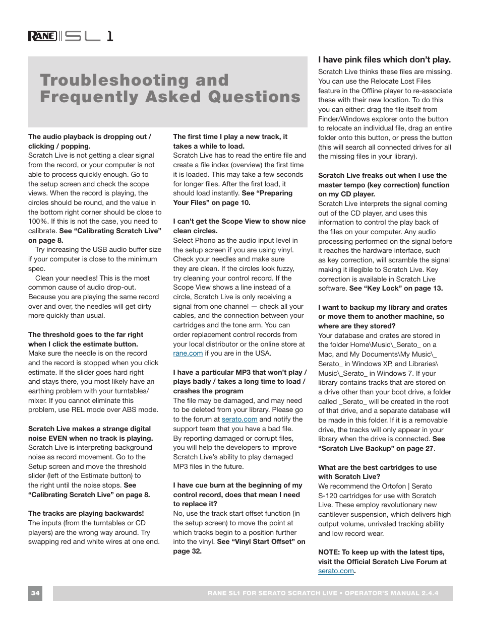 Troubleshooting and frequently asked questions | Rane SL 1 Manual 2.44 (3M) User Manual | Page 34 / 40