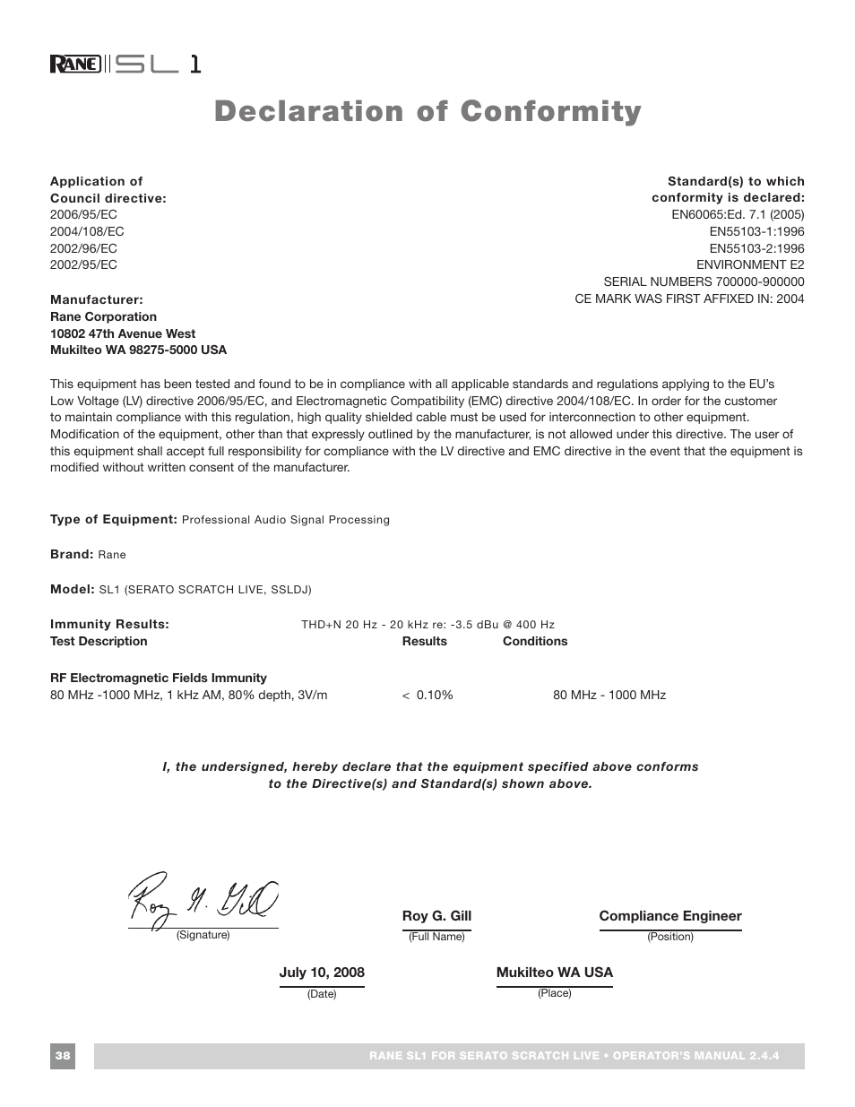 Declaration of conformity | Rane SL 1 Manual 2.44 (3M) User Manual | Page 38 / 40