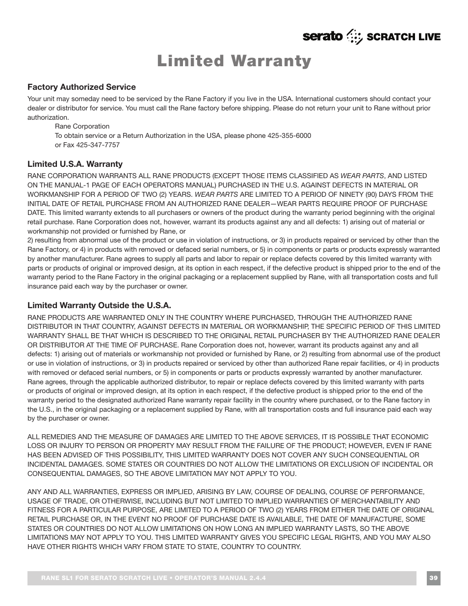 Limited warranty | Rane SL 1 Manual 2.44 (3M) User Manual | Page 39 / 40