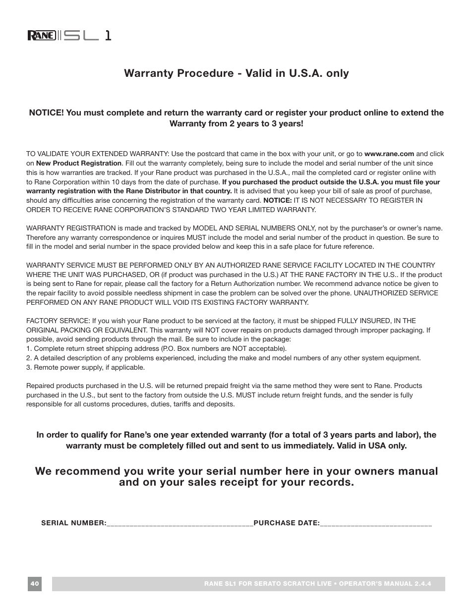 Warranty procedure - valid in u.s.a. only | Rane SL 1 Manual 2.44 (3M) User Manual | Page 40 / 40