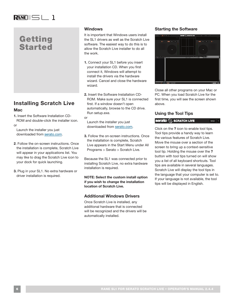 Getting started, Installing scratch live, Windows | Additional windows drivers, Starting the software, Using the tool tips, Mac 6 windows 6 additional windows drivers | Rane SL 1 Manual 2.44 (3M) User Manual | Page 6 / 40