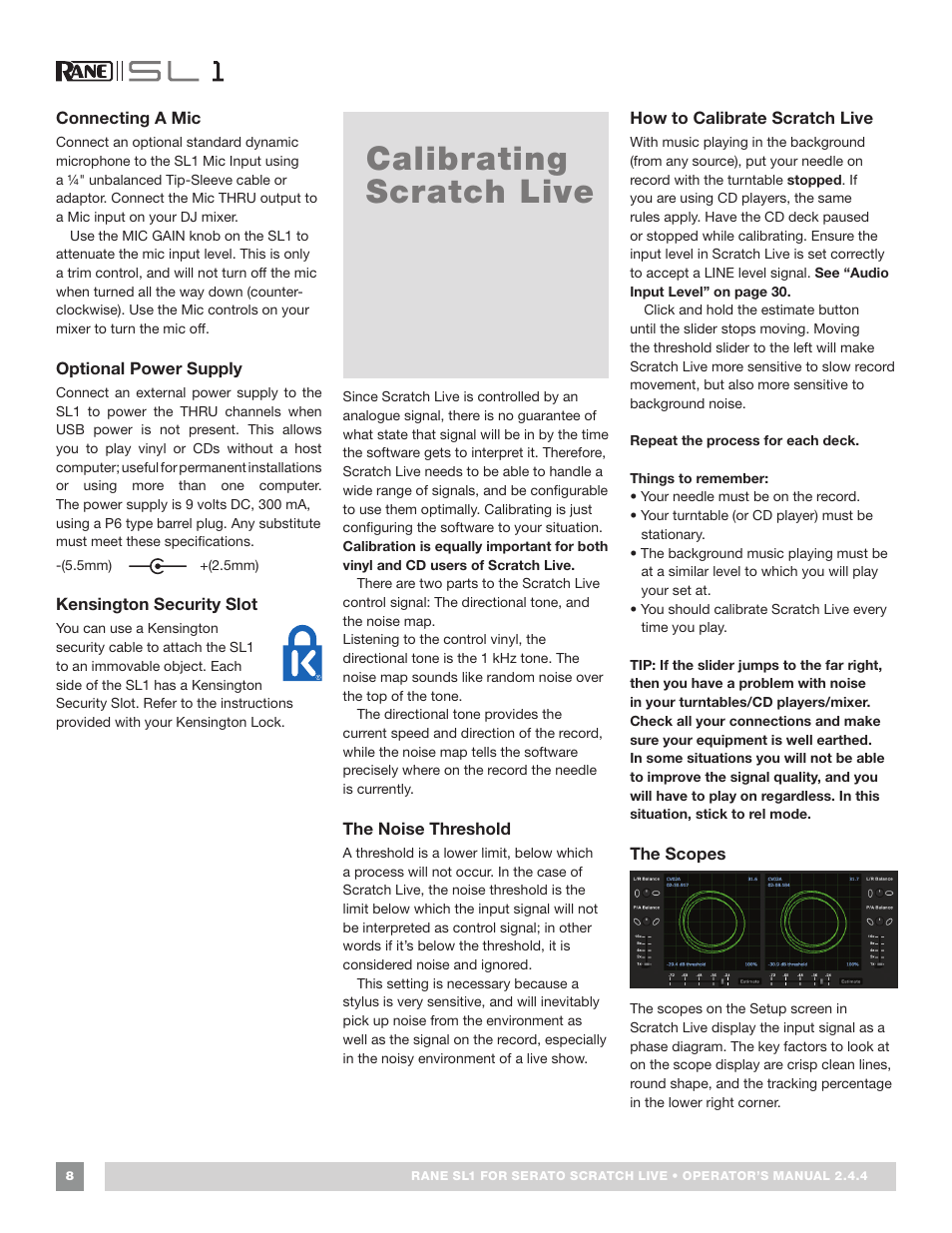 Connecting a mic, Optional power supply, Kensington security slot | Calibrating scratch live, The noise threshold, How to calibrate scratch live, The scopes | Rane SL 1 Manual 2.44 (3M) User Manual | Page 8 / 40