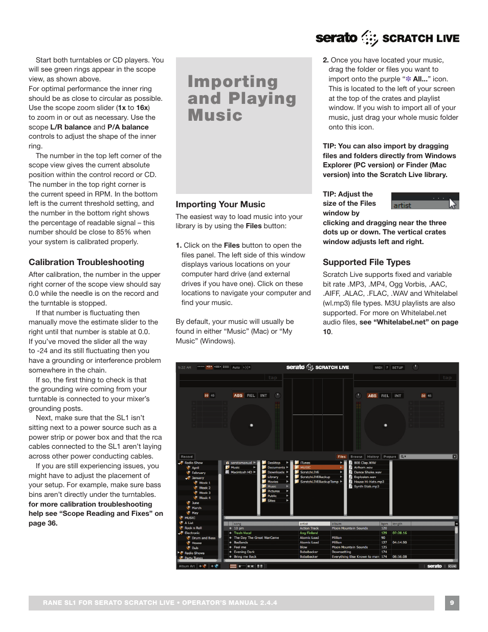 Calibration troubleshooting, Importing and playing music, Importing your music | Supported file types | Rane SL 1 Manual 2.44 (3M) User Manual | Page 9 / 40