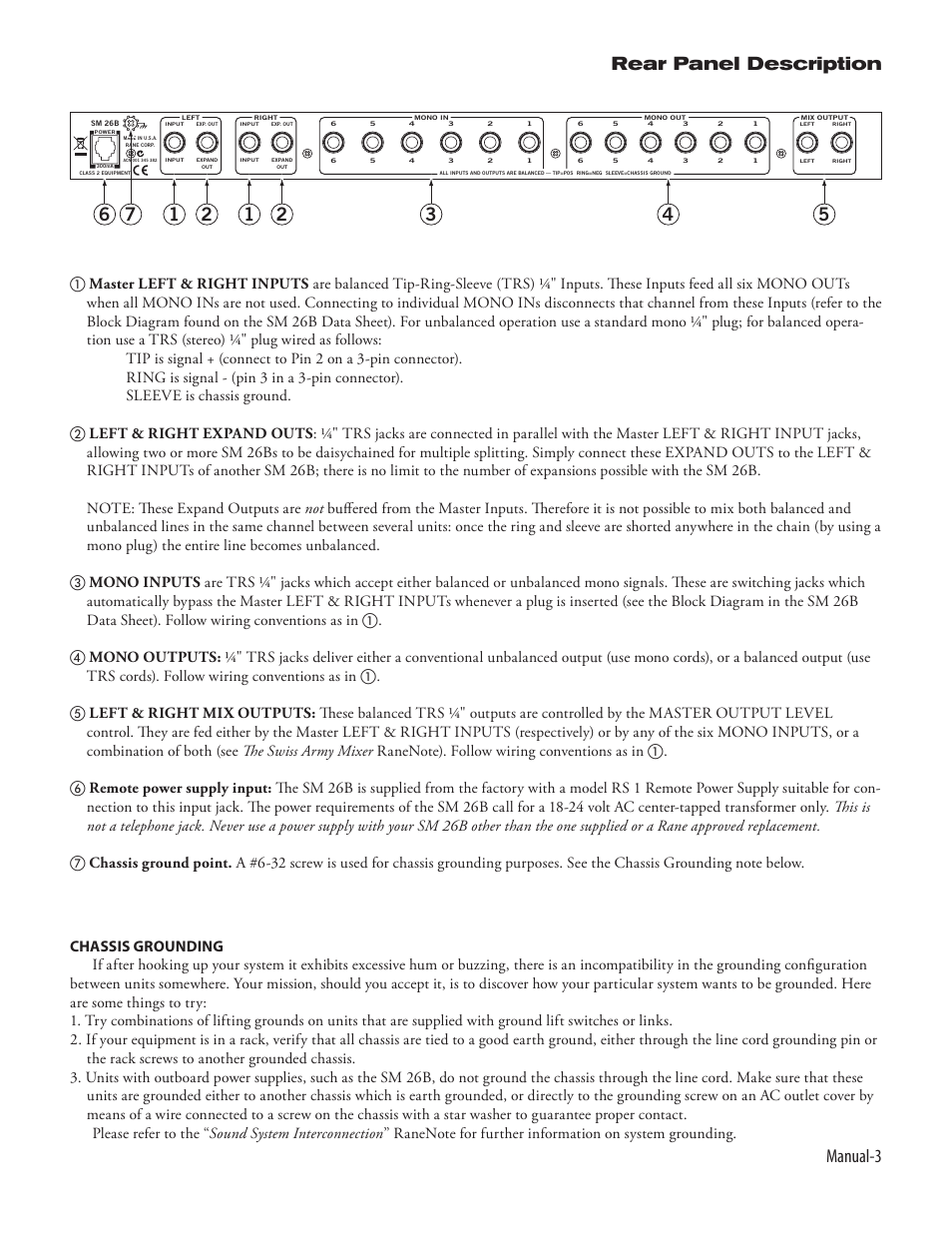 Manual- rear panel description | Rane SM 26B (2003 version) User Manual | Page 3 / 4