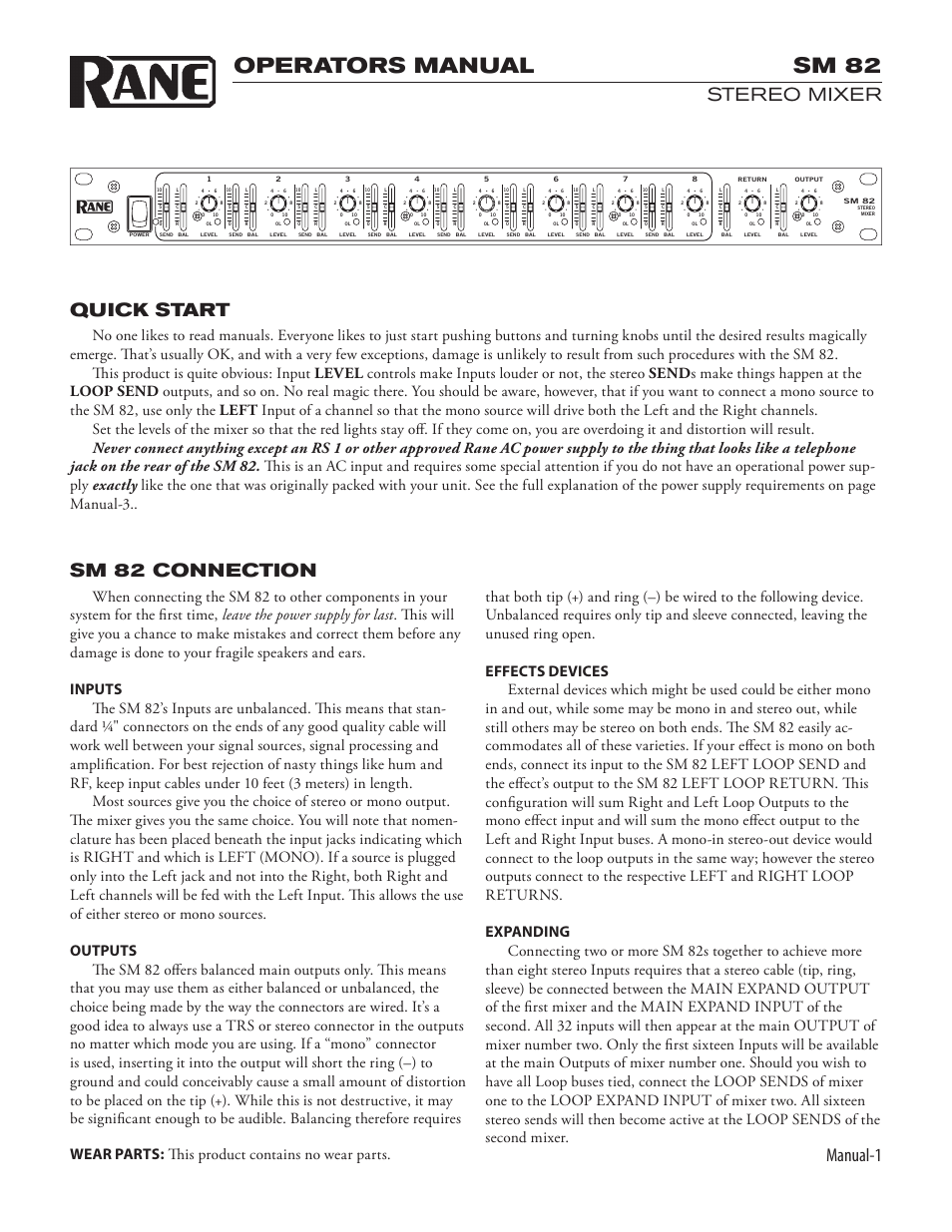 Sm82man.pdf, Operators manual sm 82, Manual-1 | Stereo mixer quick start, Sm 82 connection | Rane SM 82 User Manual | Page 3 / 6