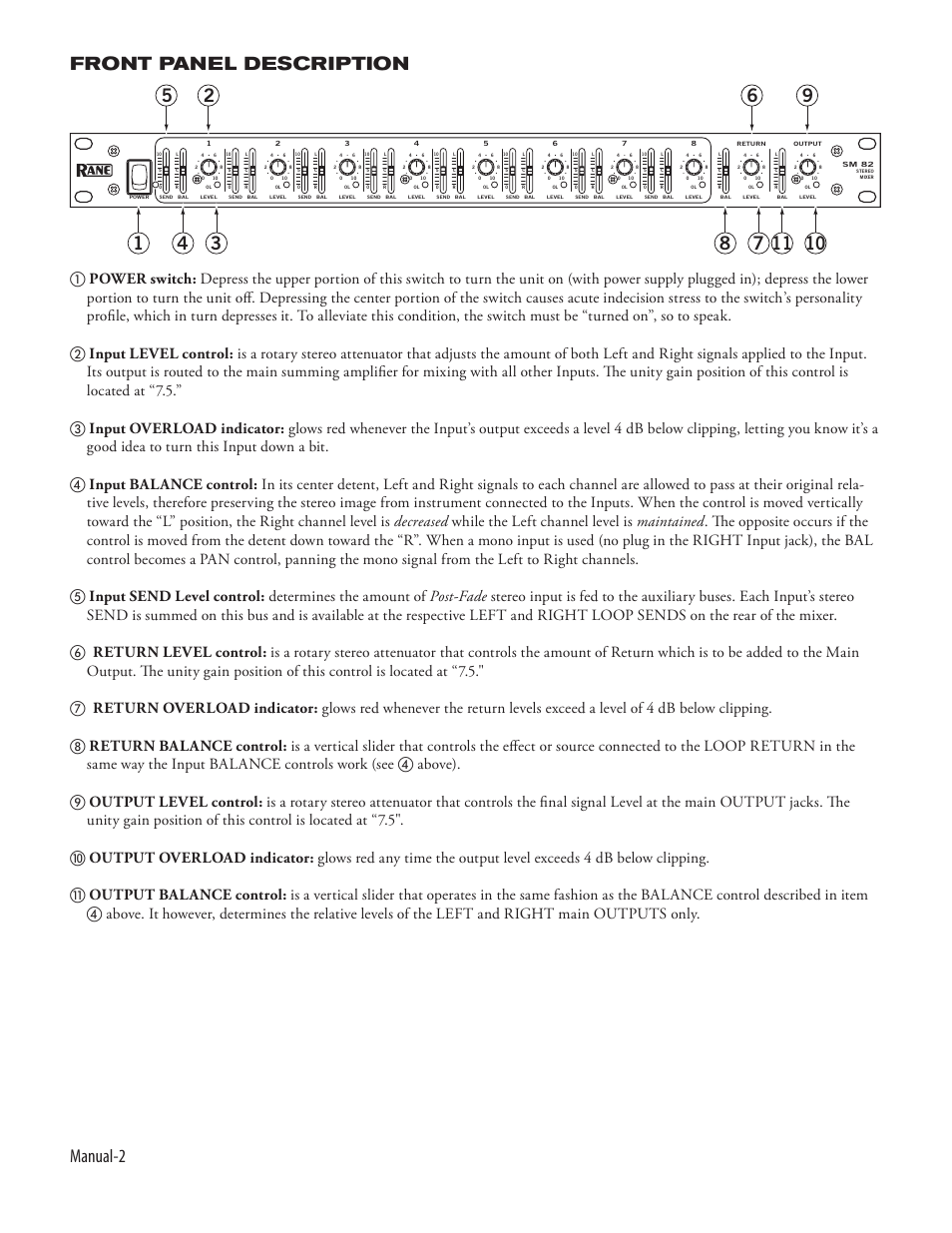 Manual-2 front panel description | Rane SM 82 User Manual | Page 4 / 6