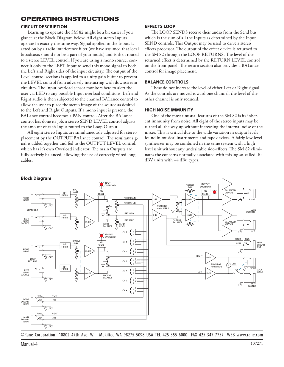 Manual-4, Operating instructions, Block diagram | Rane SM 82 User Manual | Page 6 / 6
