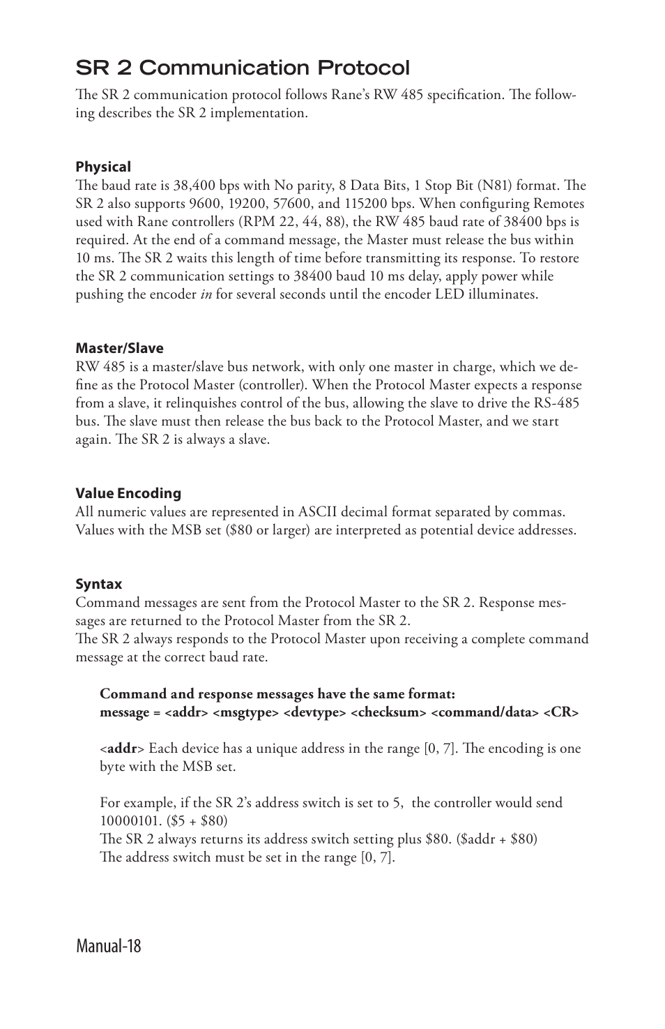 Manual-18 sr 2 communication protocol | Rane SR 2 User Manual | Page 18 / 36
