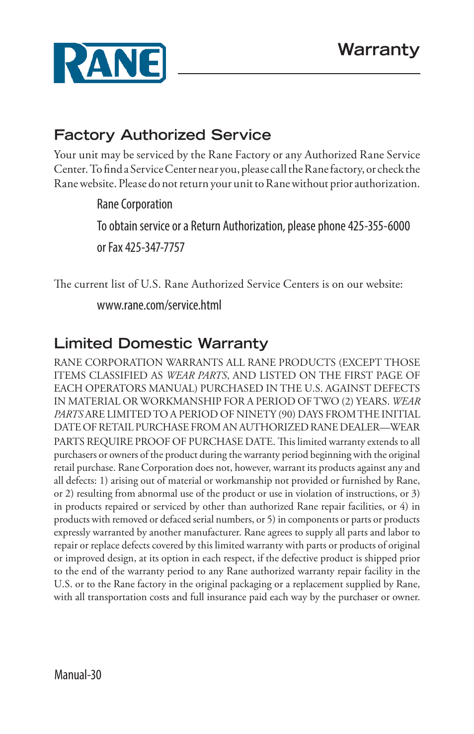 Warranty, Manual-30, Factory authorized service | Rane SR 2 User Manual | Page 30 / 36