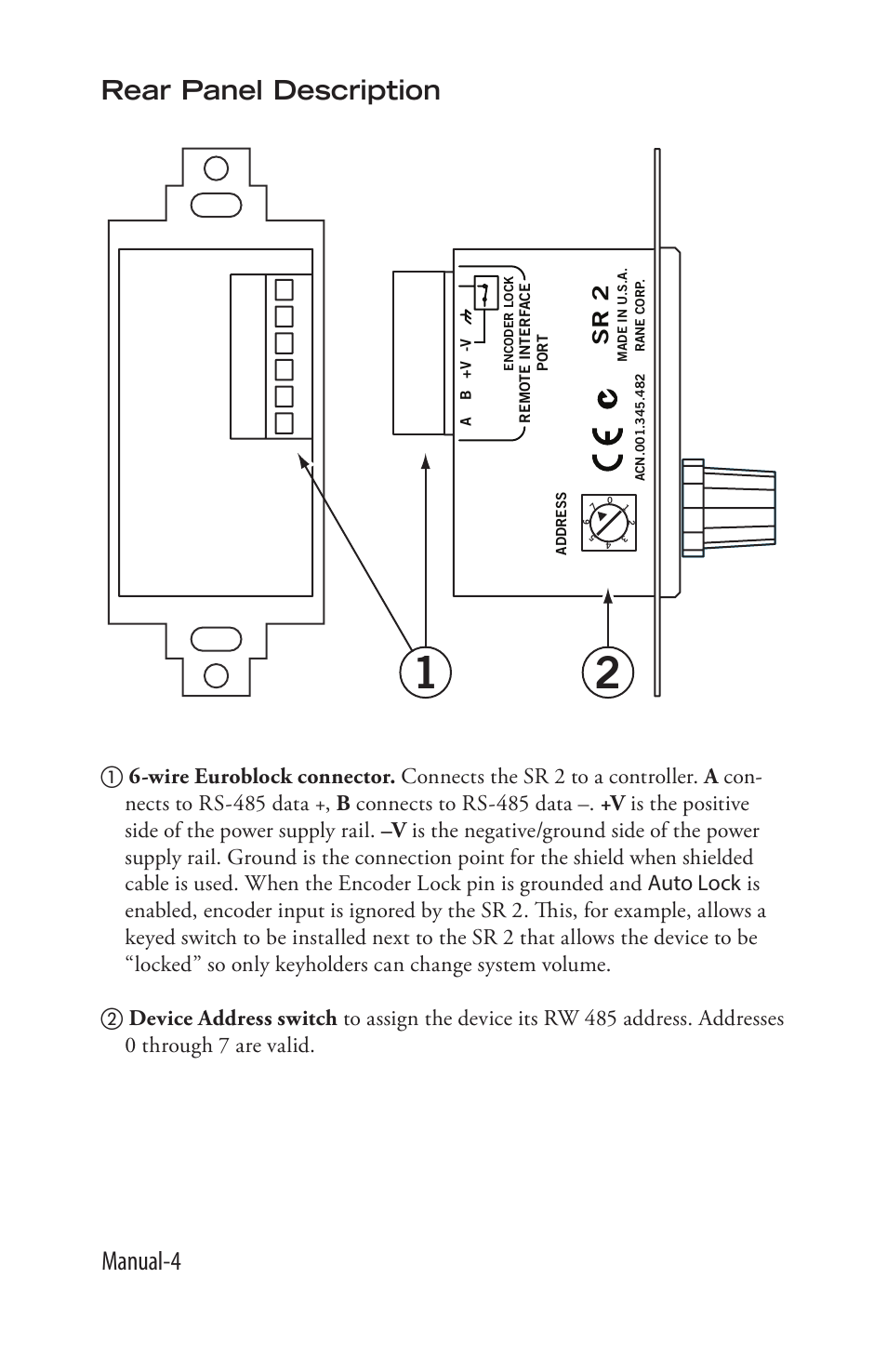 Manual-4 rear panel description, Sr 2 | Rane SR 2 User Manual | Page 4 / 36