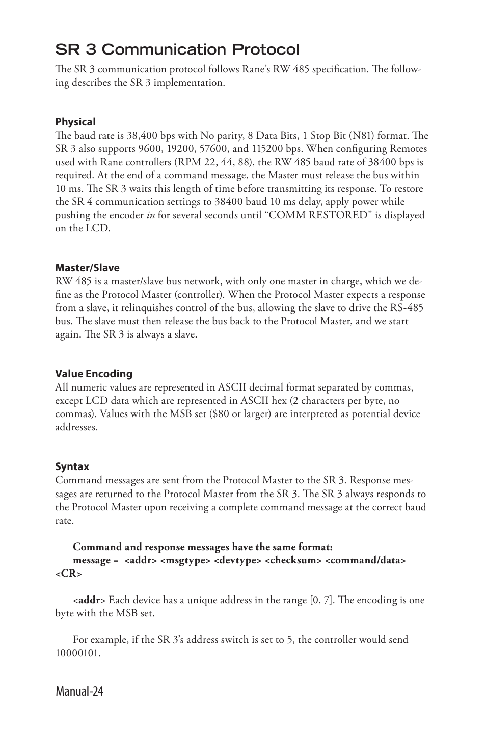 Manual-24 sr 3 communication protocol | Rane SR 3 User Manual | Page 24 / 52