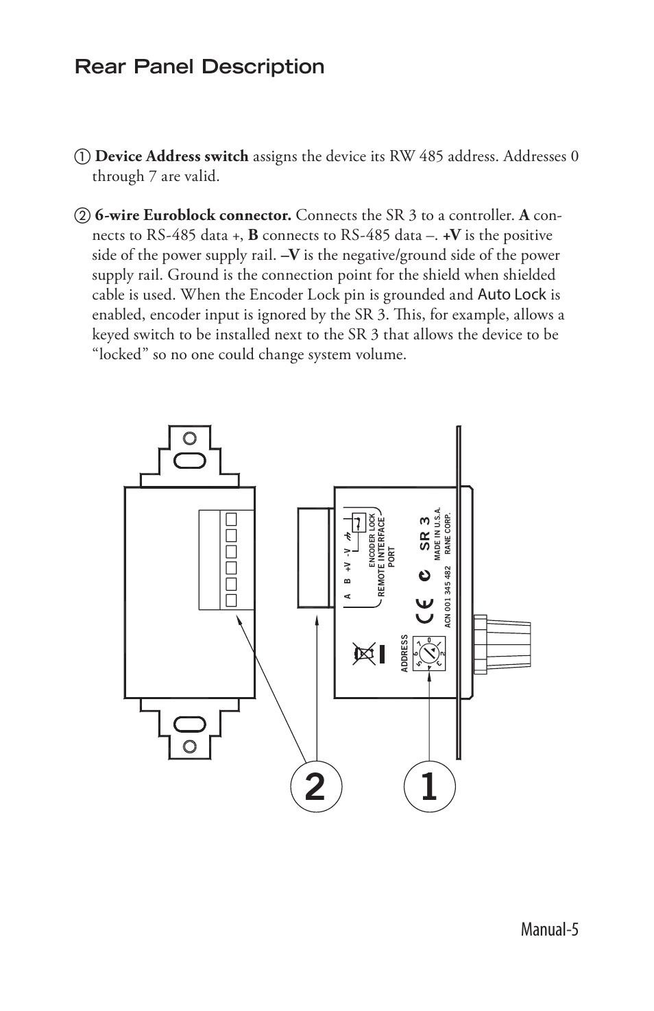 Manual-5 rear panel description | Rane SR 3 User Manual | Page 5 / 52