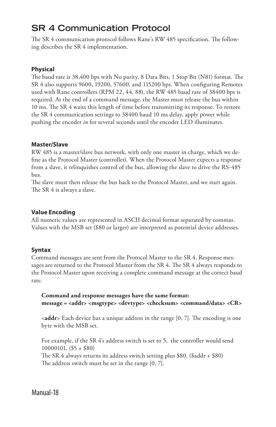 Manual-18 sr 4 communication protocol | Rane SR 4 User Manual | Page 18 / 36