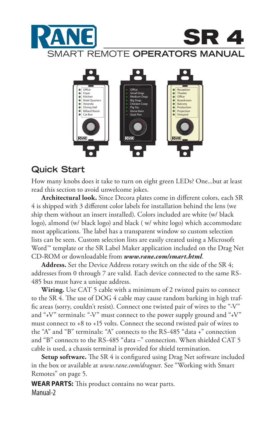 Sr 4, Manual-2, Smart remote operators manual | Quick start | Rane SR 4 User Manual | Page 2 / 36