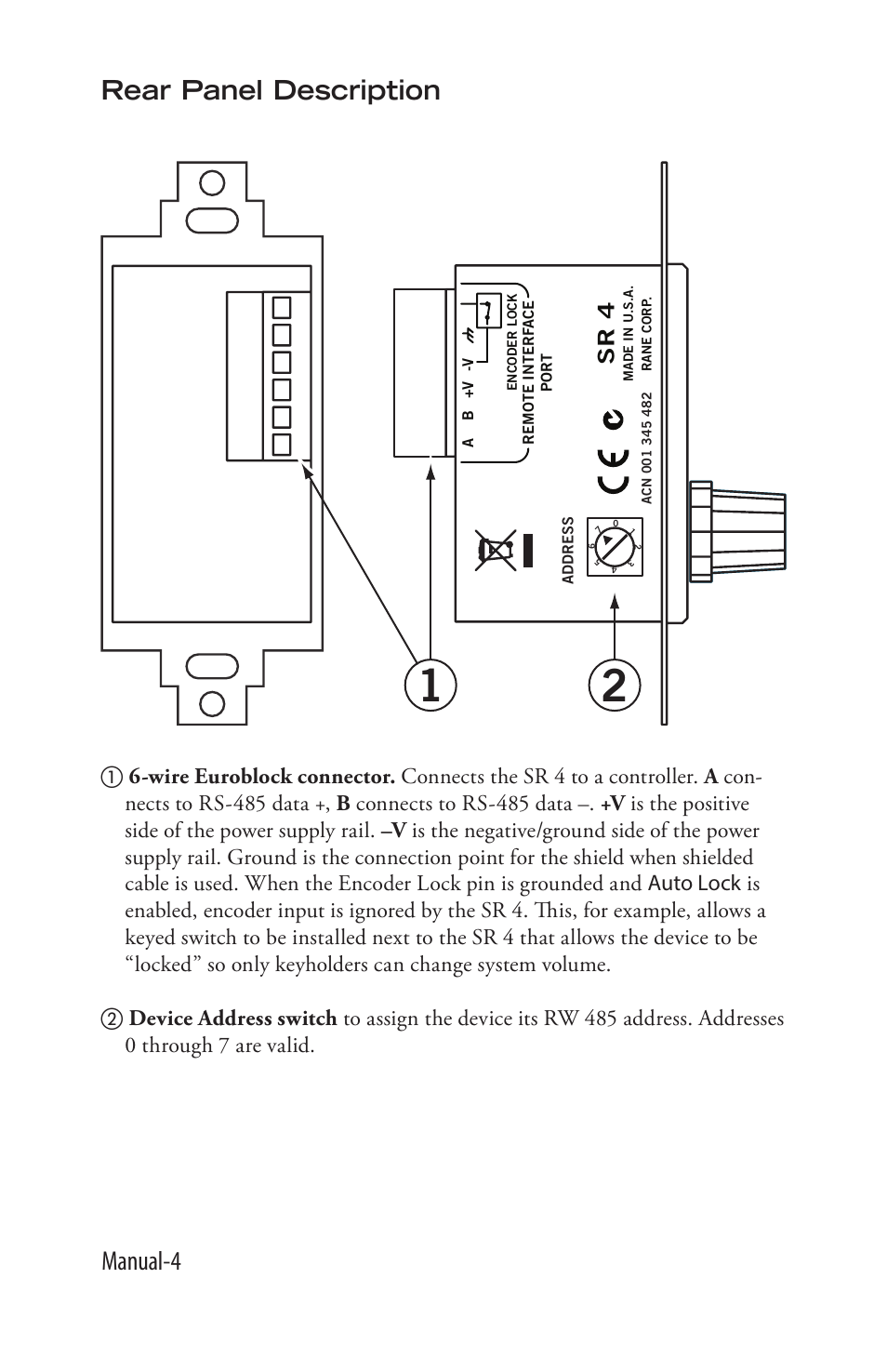 Manual-4, Rear panel description, Sr 4 | Rane SR 4 User Manual | Page 4 / 36