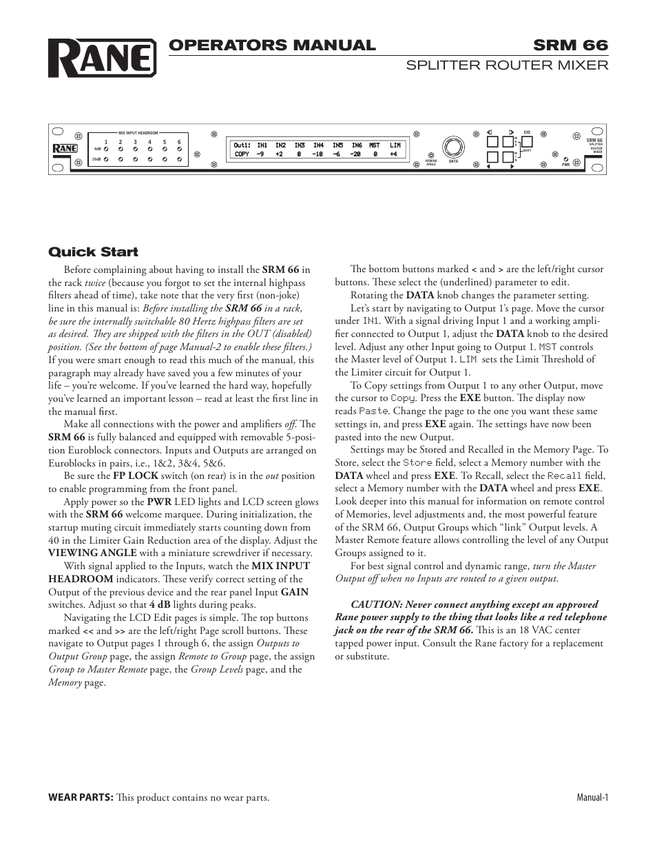 Rane SRM 66 User Manual | 10 pages