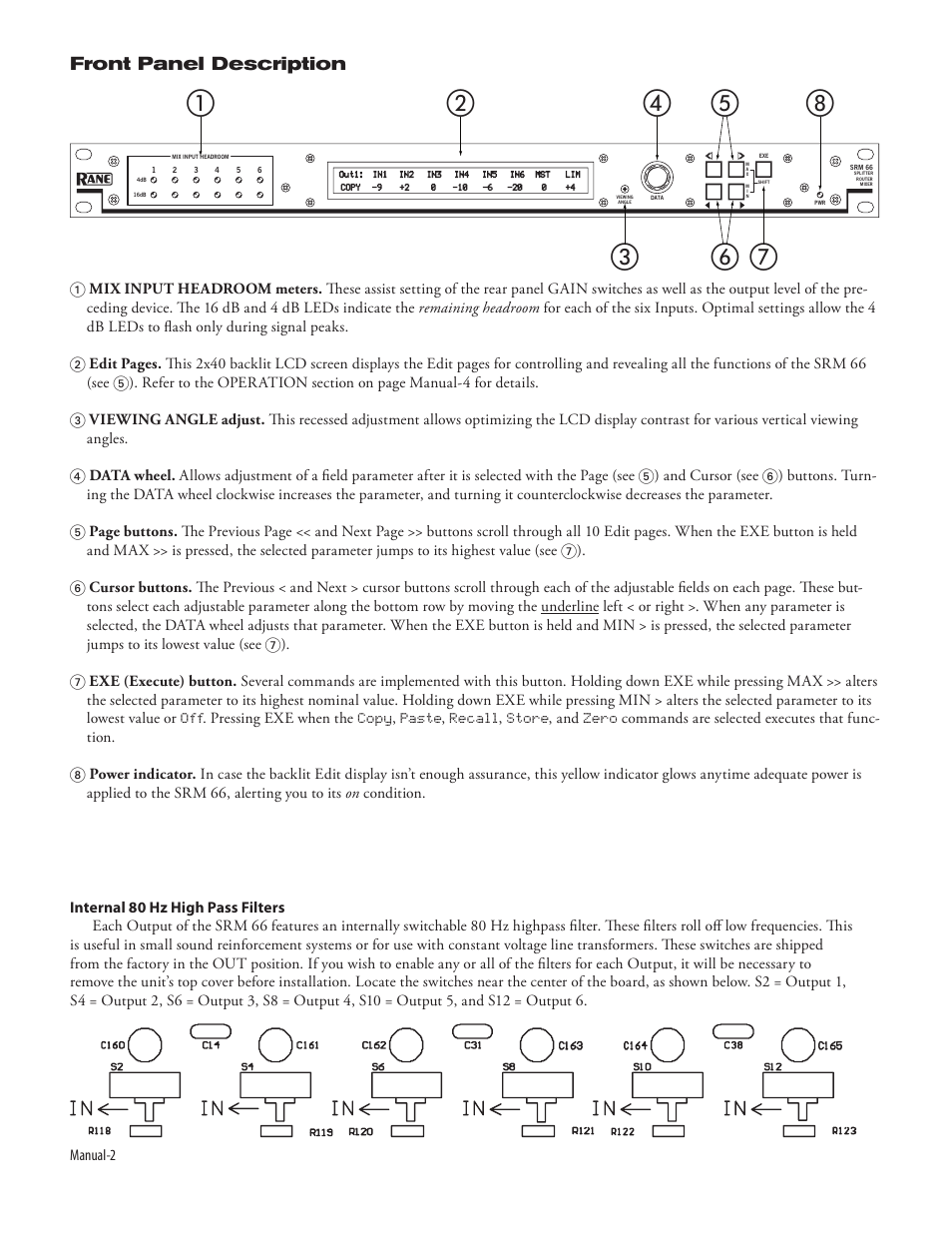 Front panel description | Rane SRM 66 User Manual | Page 2 / 10