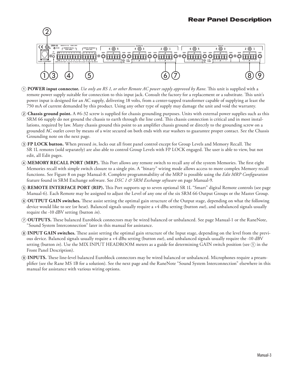 Rear panel description, Manual-3 | Rane SRM 66 User Manual | Page 3 / 10